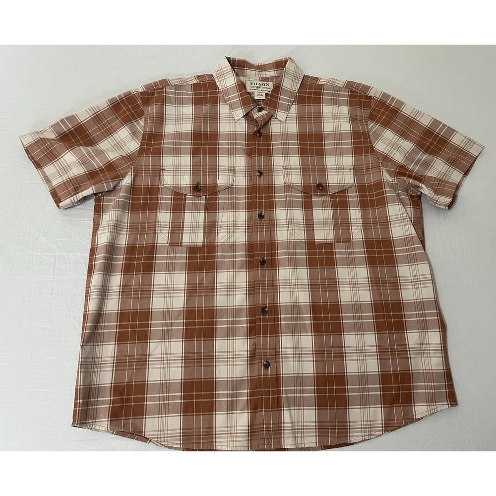 Filson Feather Cloth Shirt Mens XL Brown Cream Plaid Short Sleeve Button Up